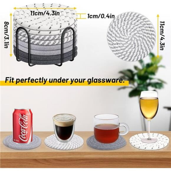 Absorbent Cotton Woven Drink Coasters Set of 8 with Holder Tabletop Protection - Picture 3 of 7
